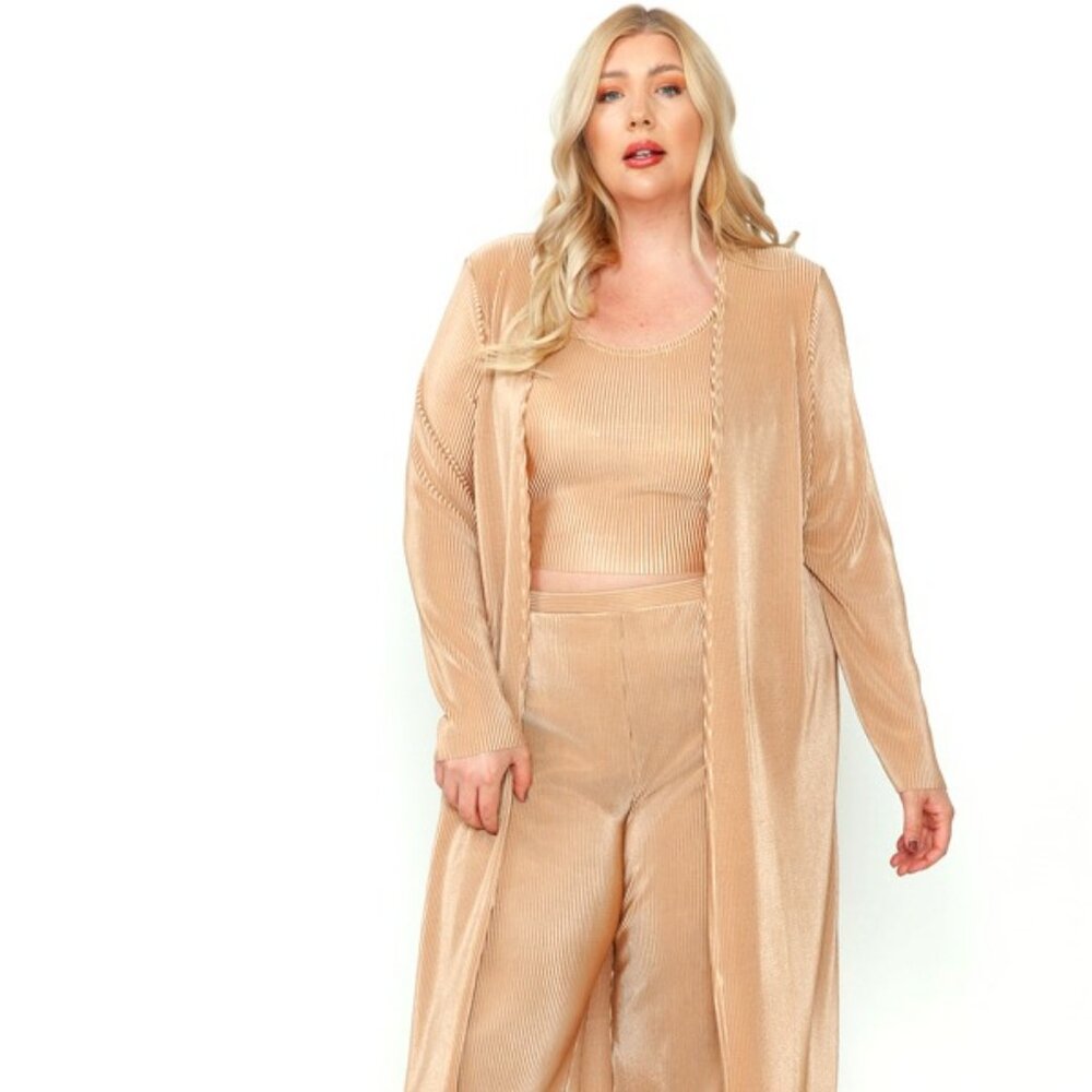RK Apparel Plus Size Elegant Tan Tank Top, Wide Pants, & Cardigan 3 PCS Set